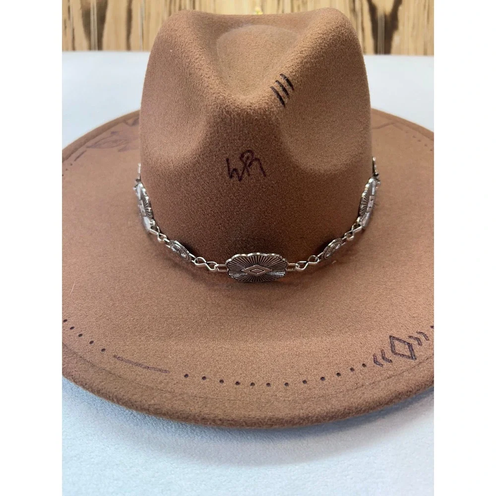 Fedora Womens Burnt felt Hat Brown Hand‎ Drawn Mountain Floral Concho Chain New